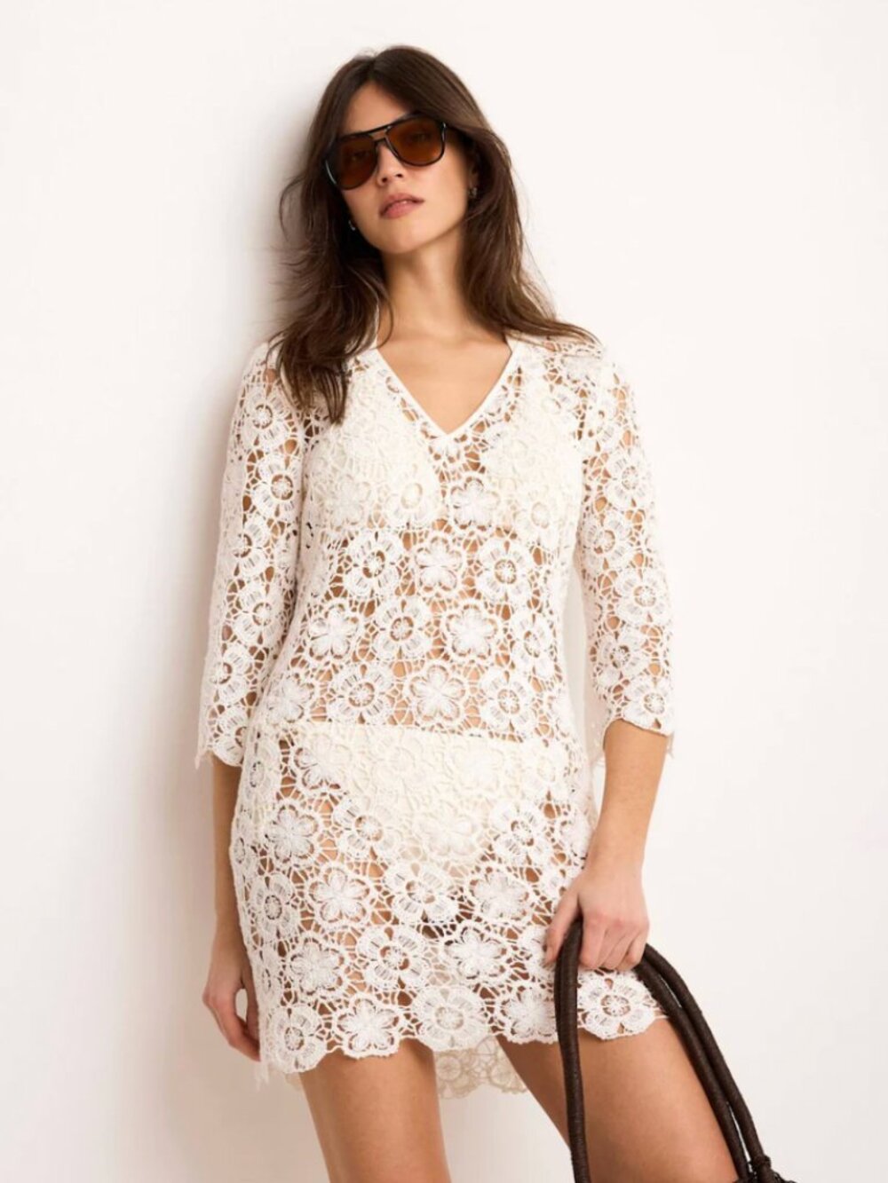 White Crochet Flower Beach Mini Dress